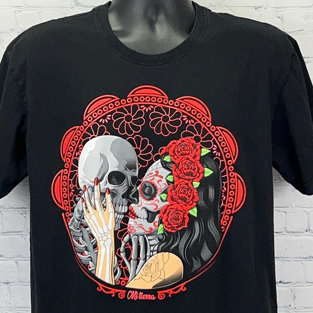 La Catrina Skull Kiss T Shirt L Large Black Day of the Dead Mi Tierra MX Mexico